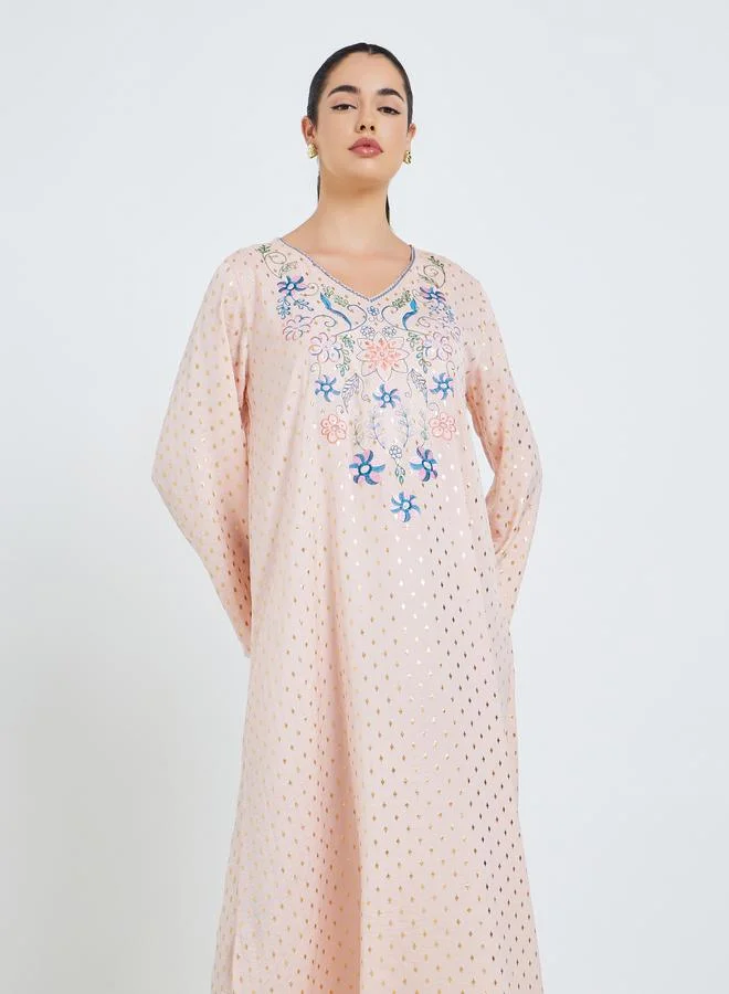 Amirah Women Pink Foil Print Embroidered A-Line Jalabiya